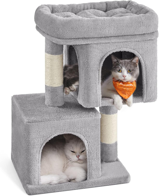 Light Gray 26.4-Inch Cat Tree Tower with Large Perch And 2 Cat Caves