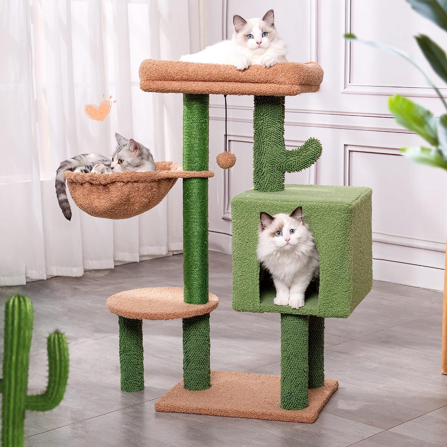 Cute Cactus Cat Tree with Private Condo And Scratching Posts