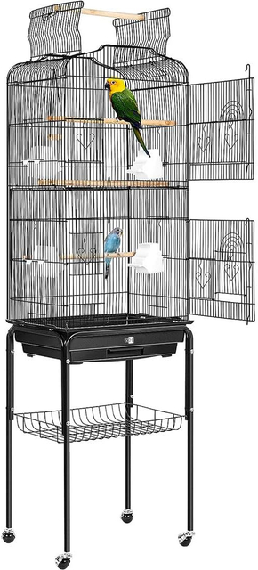 Wrought iron birdcage with game top and rolling stand