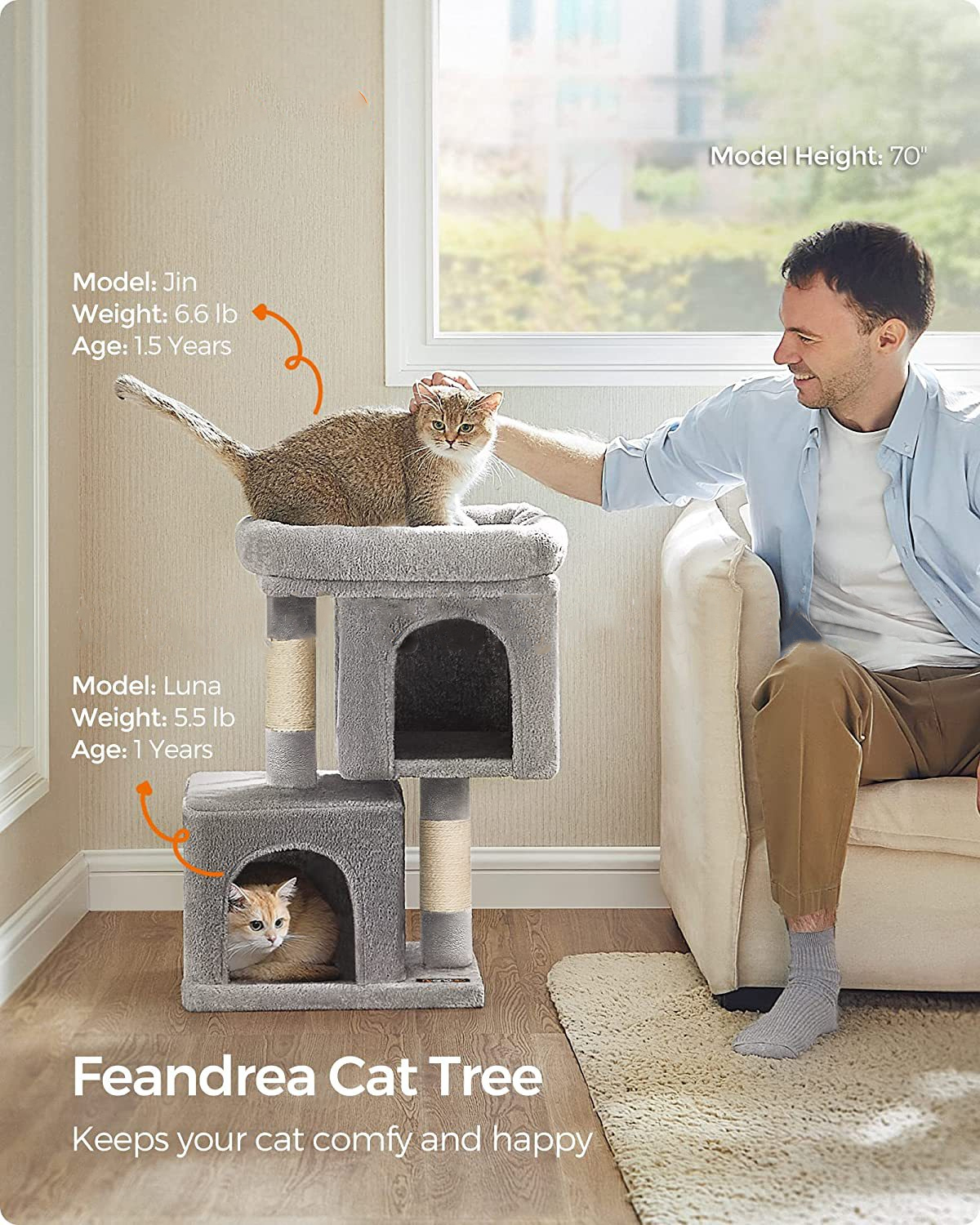 Light Gray 26.4-Inch Cat Tree Tower with Large Perch And 2 Cat Caves