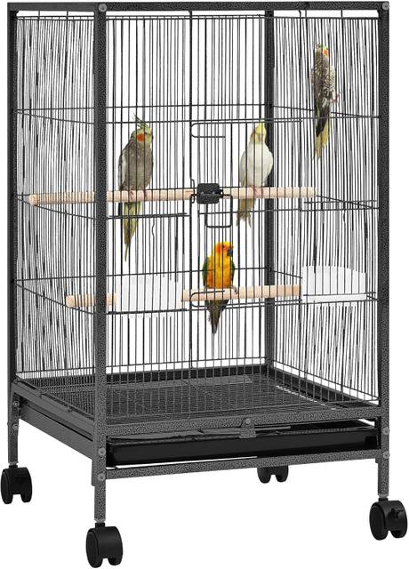 Wrought Iron Bird Cage with Open Top And Rolling Stand
