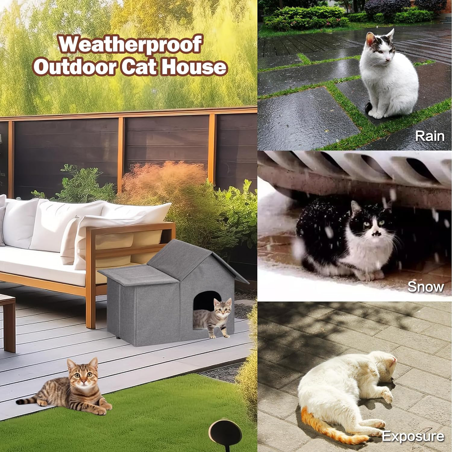 WHKJ Weatherproof Outdoor Cat House with Removable Cushion