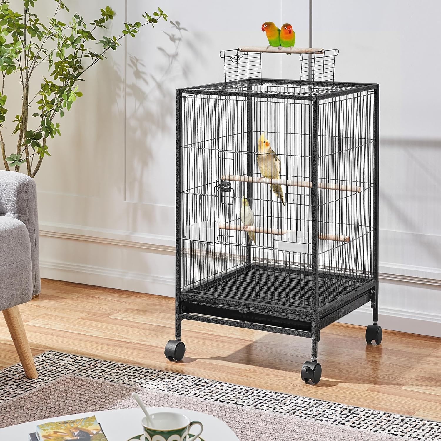 Wrought Iron Bird Cage with Open Top And Rolling Stand