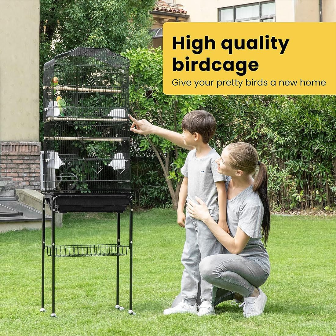 Wrought iron birdcage with game top and rolling stand