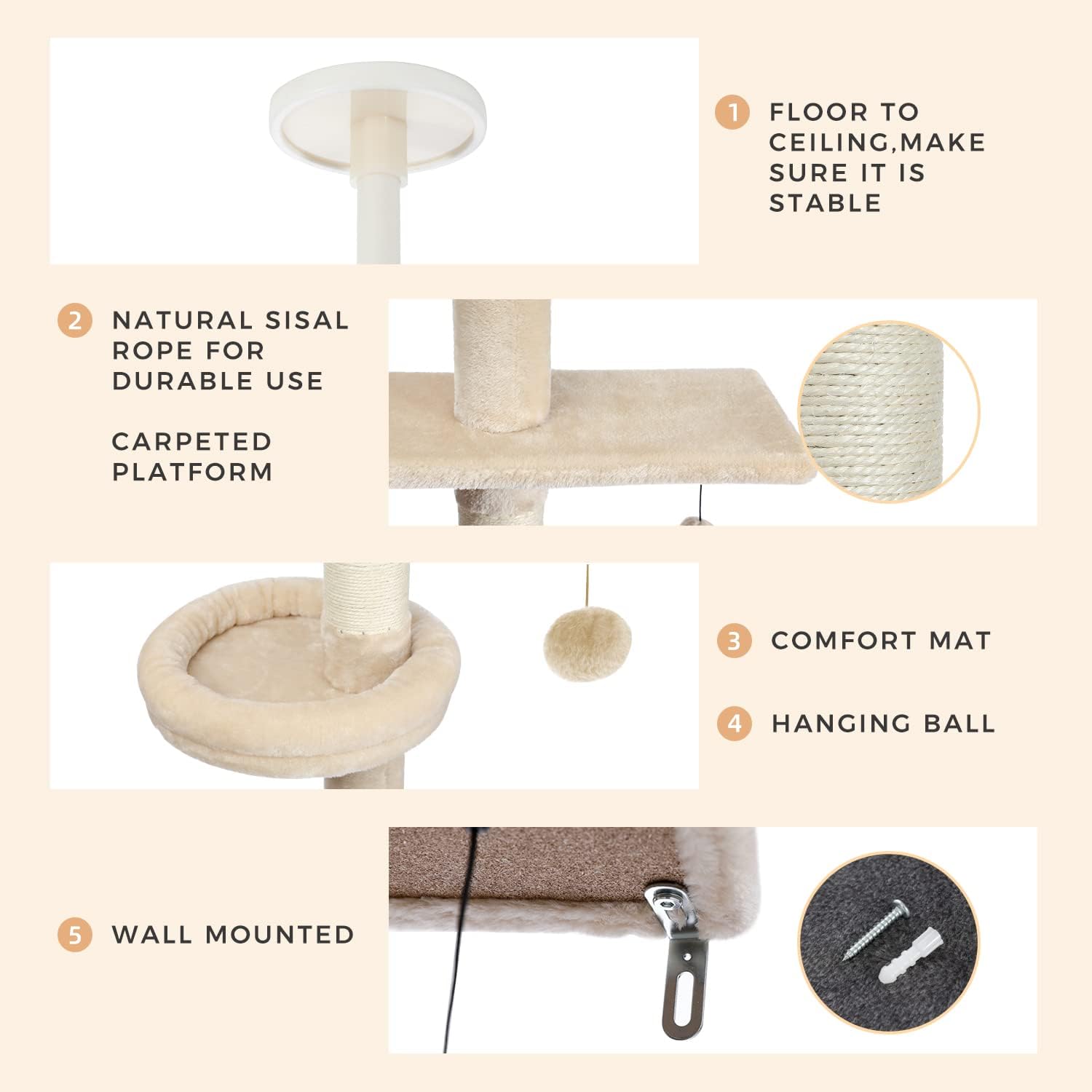 Adjustable Height 5-Tier Cat Tree Tower with Scratching Posts