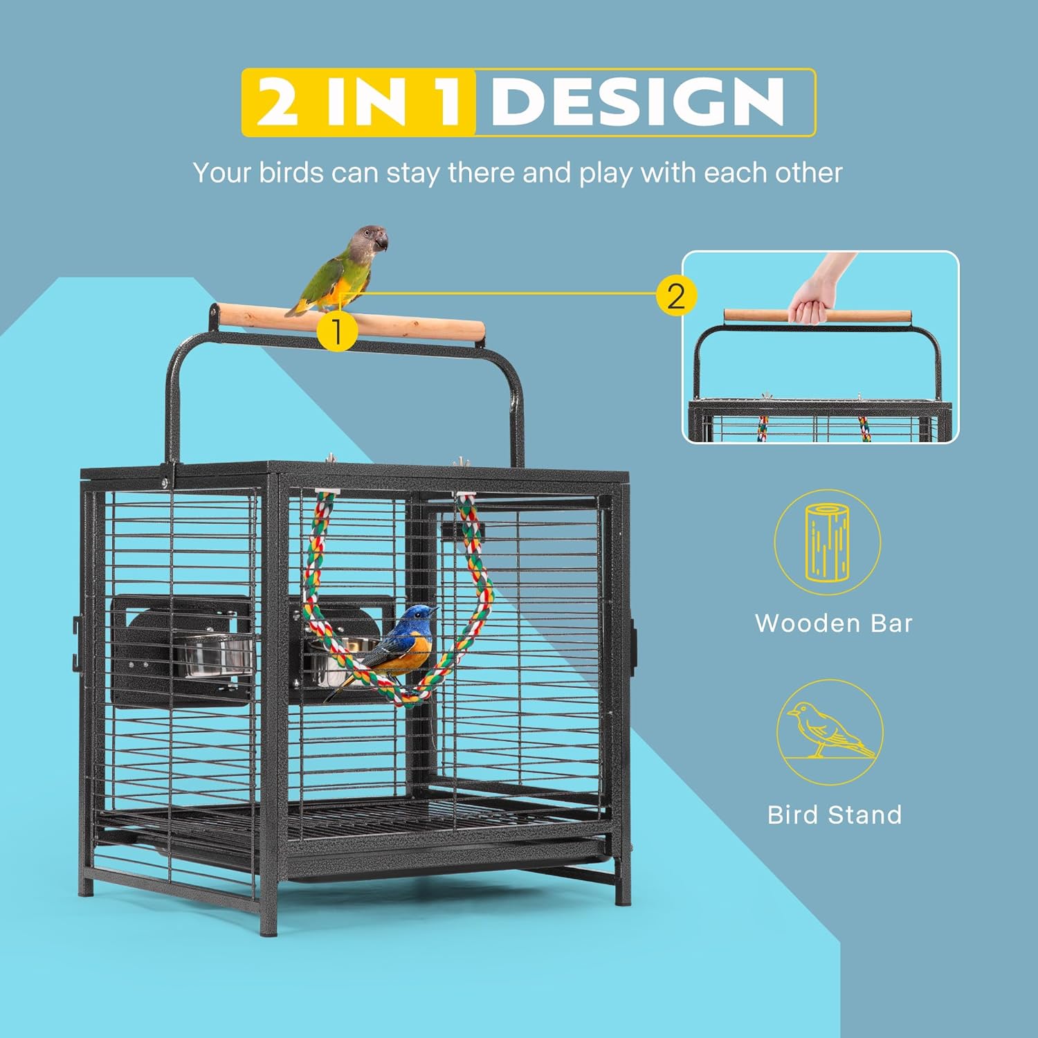 Portable Wrought Iron Bird Travel Carrier Cage with Wooden Perch