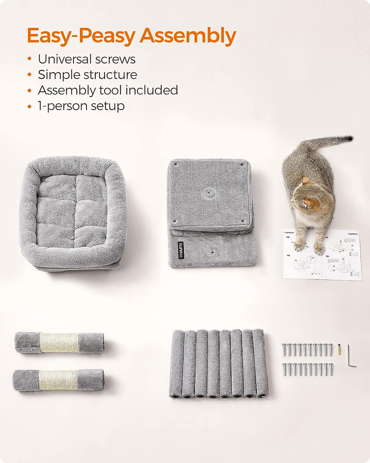 Light Gray 26.4-Inch Cat Tree Tower with Large Perch And 2 Cat Caves