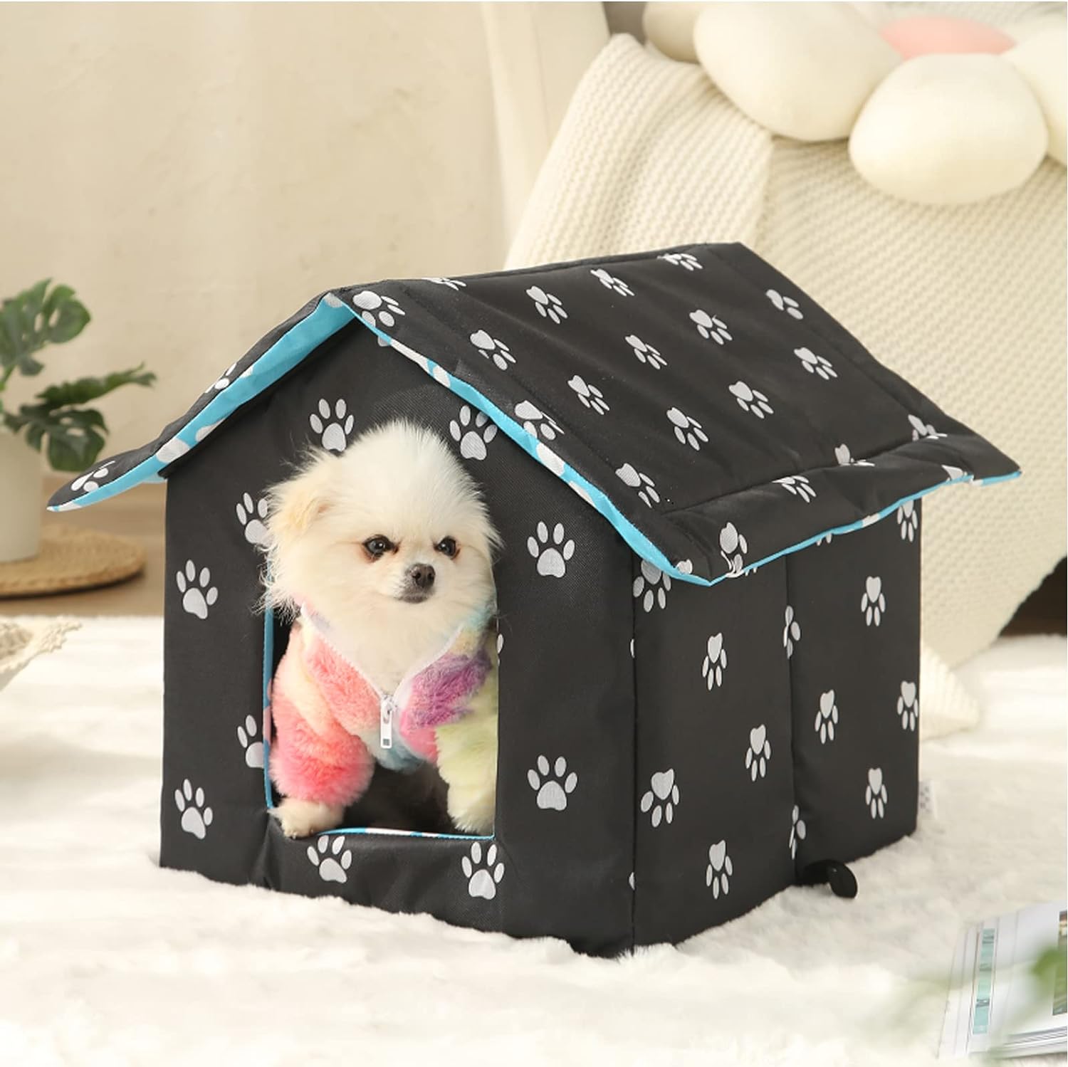 Weatherproof Insulated Cat House with Transparent Curtain