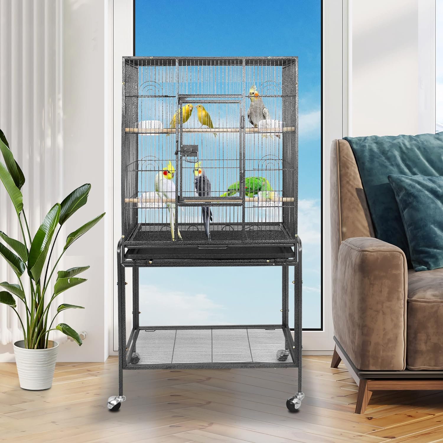 Spacious And Sturdy 53-Inch Wrought Iron Bird Cage with Rolling Stand