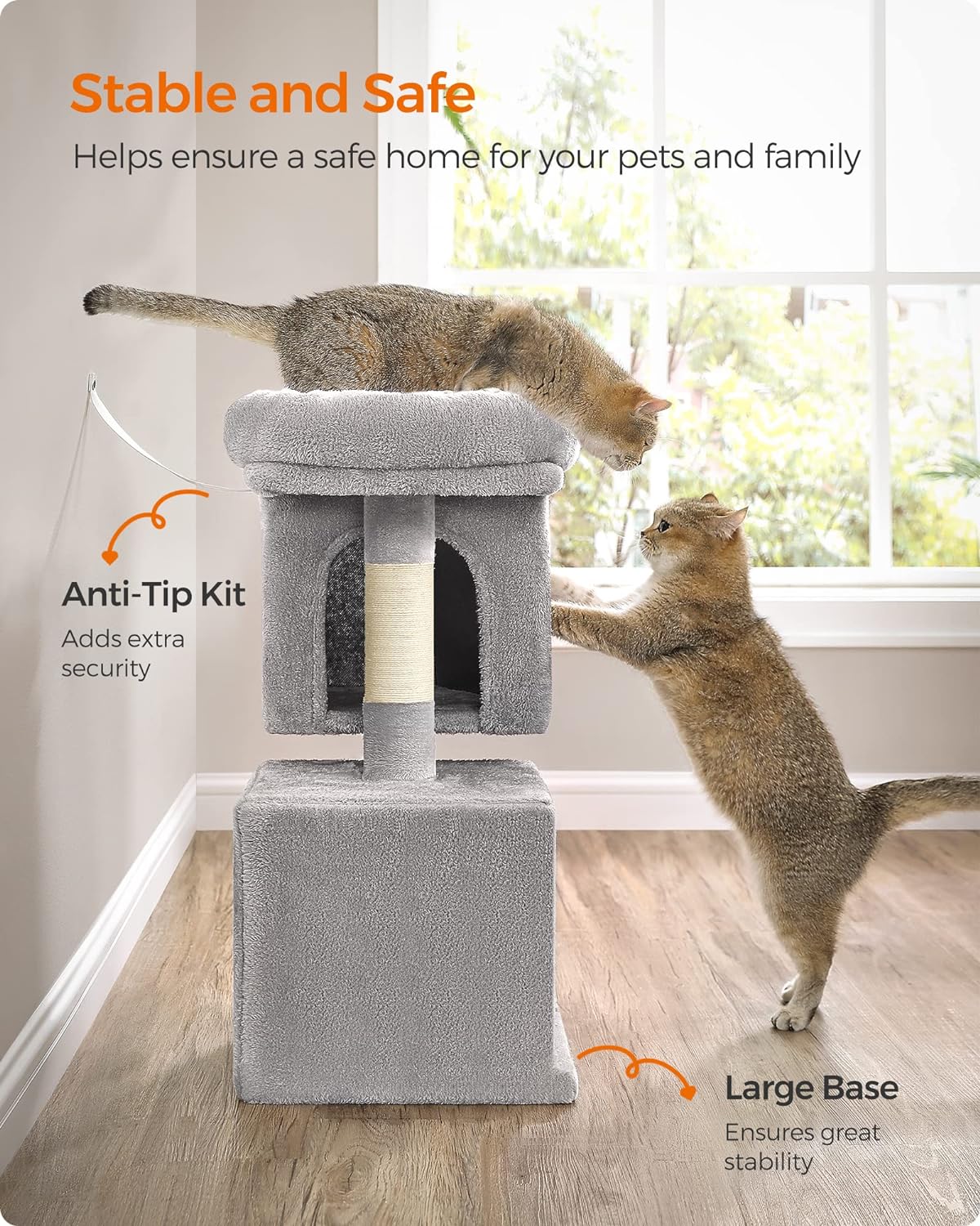 Light Gray 26.4-Inch Cat Tree Tower with Large Perch And 2 Cat Caves