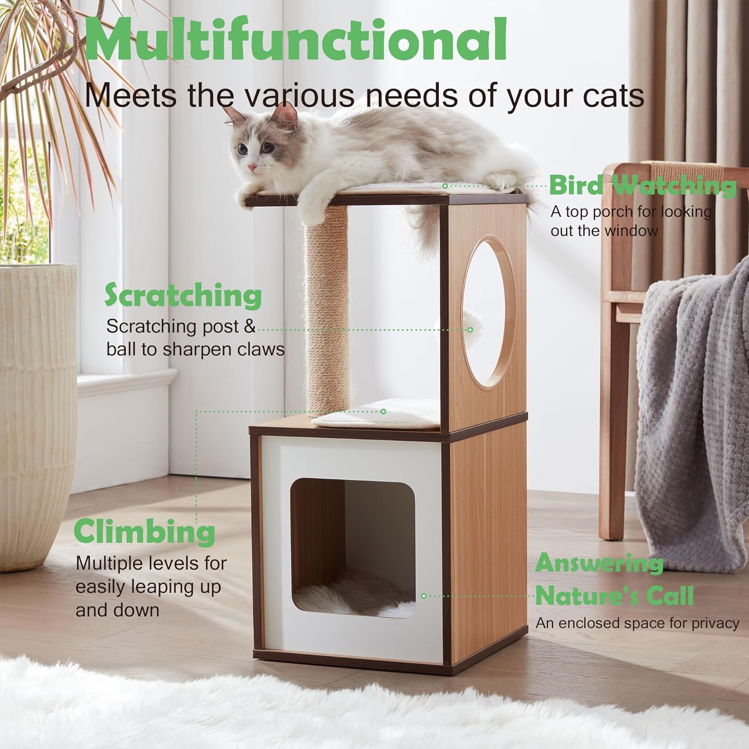Modern And Sturdy Wood Cat Tree for Large Cats