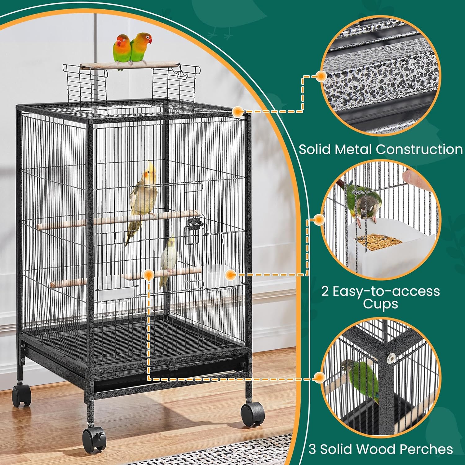 Wrought Iron Bird Cage with Open Top And Rolling Stand
