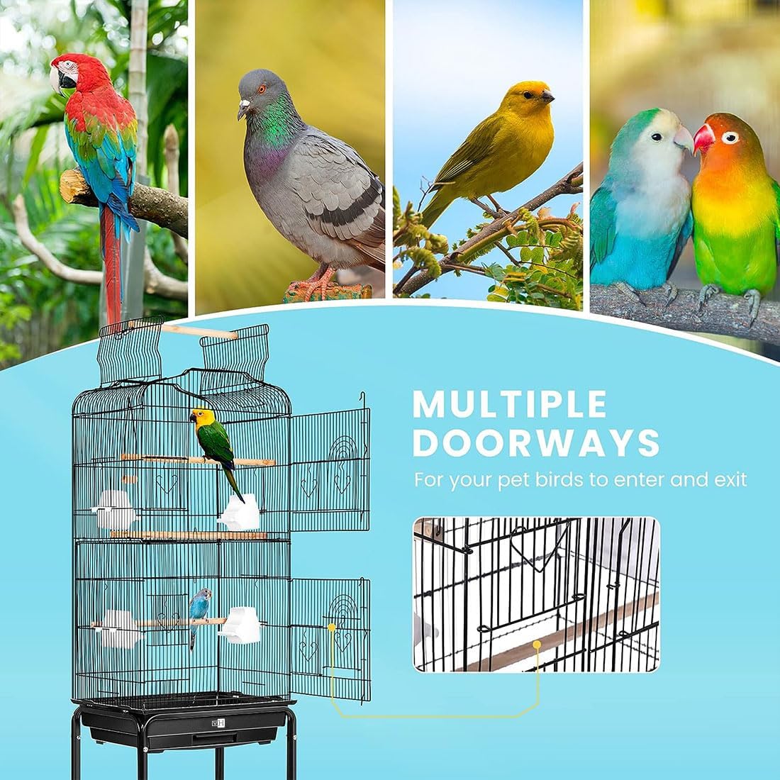 Wrought iron birdcage with game top and rolling stand