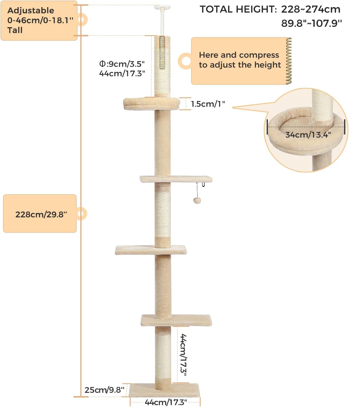 Adjustable Height 5-Tier Cat Tree Tower with Scratching Posts