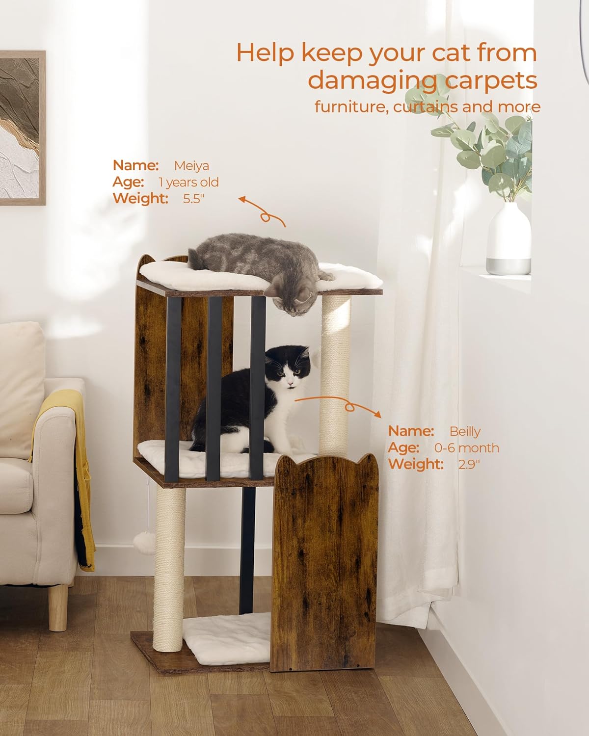 Rustic Brown 3-Tier Cat Tree Tower Condo with Sisal Scratching Posts