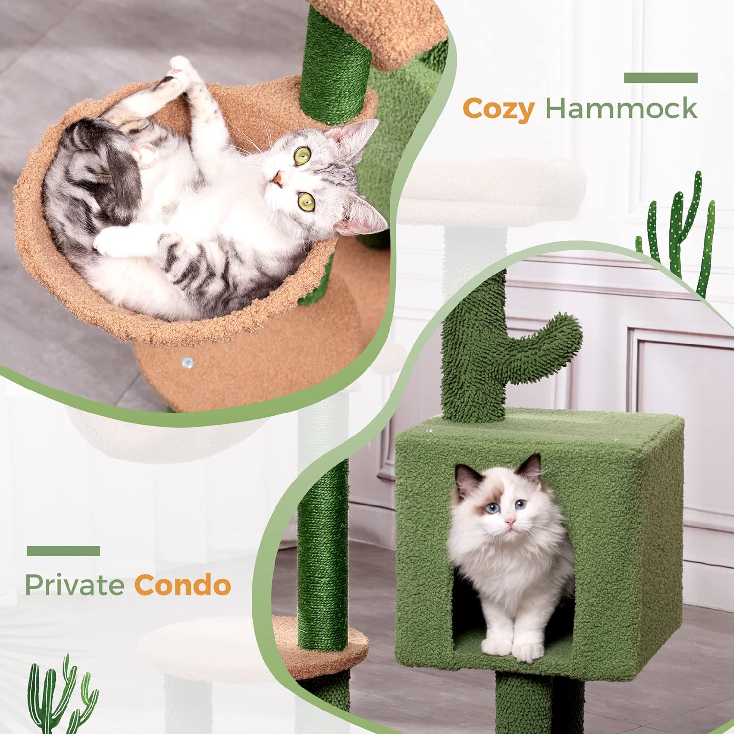 Cute Cactus Cat Tree with Private Condo And Scratching Posts