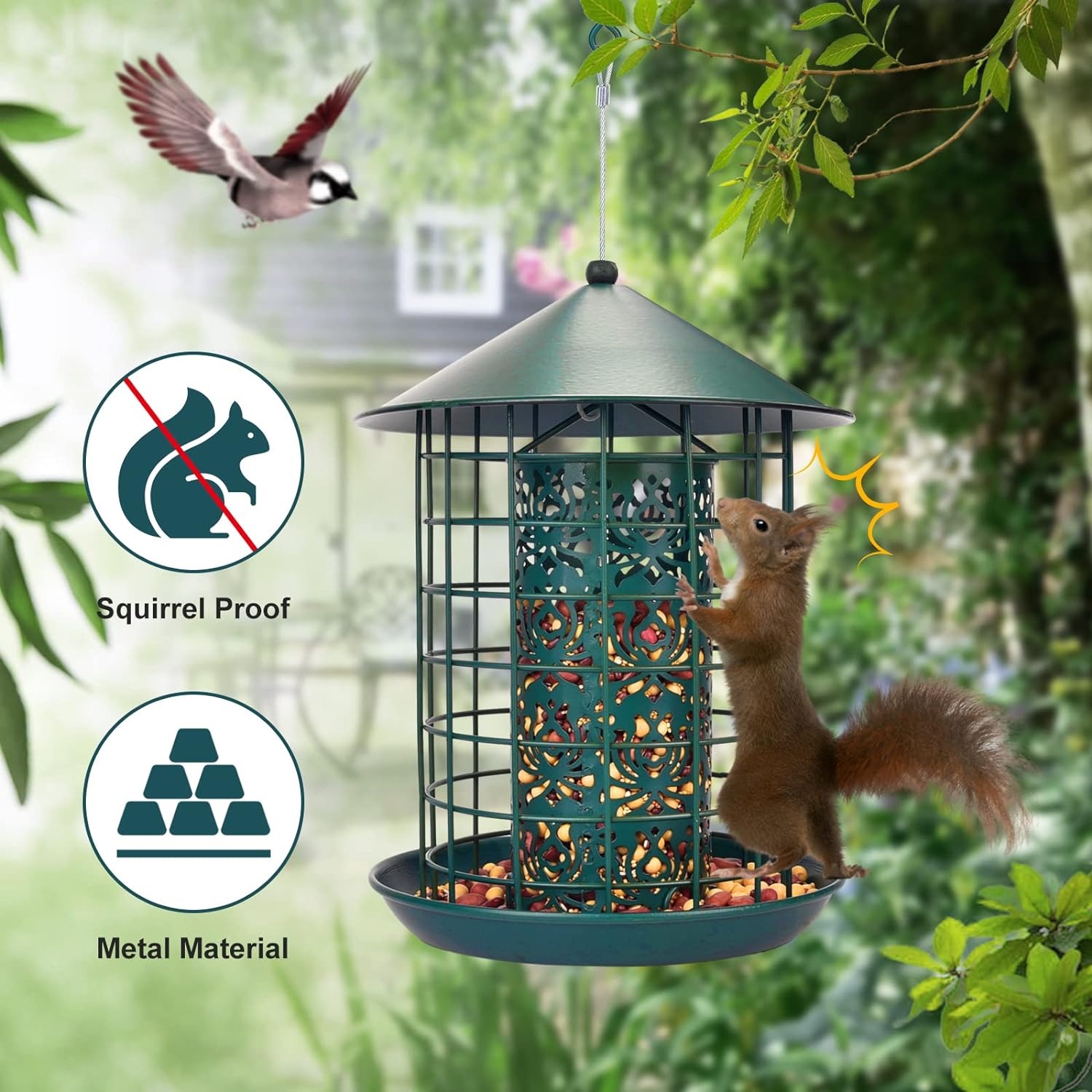 Durable Metal Bird Feeder for Squirrel-Proof Outdoor Hanging, 360° Feeding Area