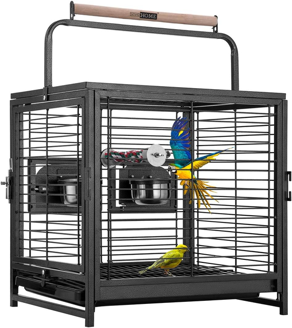 Portable Wrought Iron Bird Travel Carrier Cage with Wooden Perch